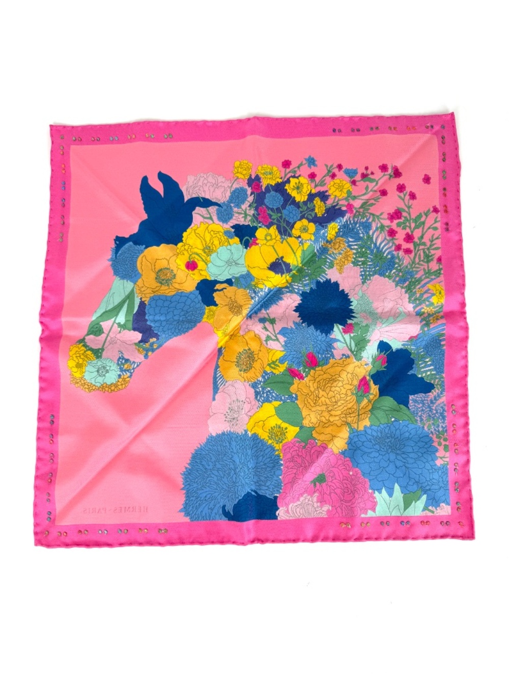 HERMES Robe Legere Embroidered Pink Blue Yellow Silk Square Scarf 45 - Picture 13 of 13